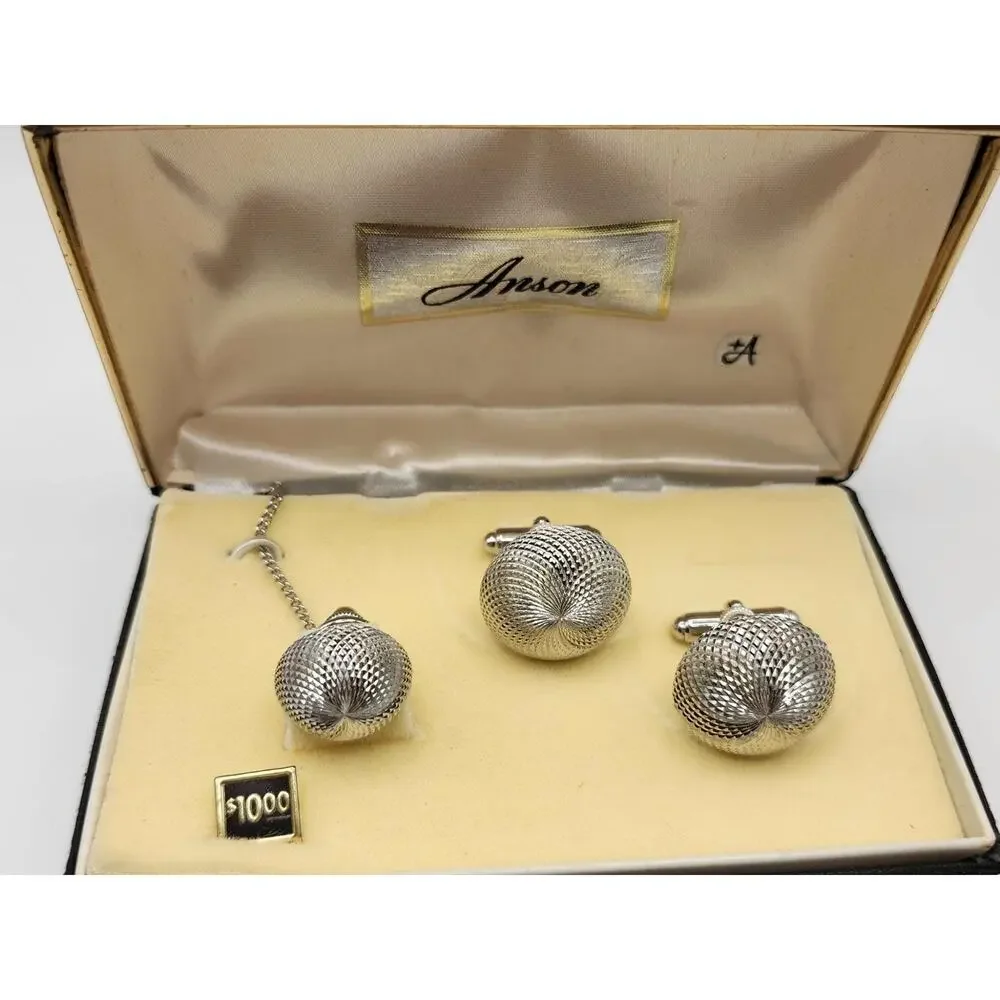Vintage Anson Swirled Dome Silver Cufflink and Tie Clip Set, NEW OLD STOCK